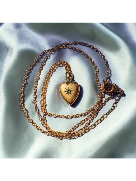 ANTIQUE 10K Gold Old Mine Cut Diamond Heart Puff Necklace - 14" -Victorian -1.6g - Picture 3 of 16